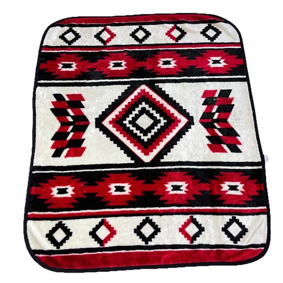 Vintage Novatex Aztec Navajo Print Throw Blanket Fleece Red Black White 49x59 - Picture 1 of 12